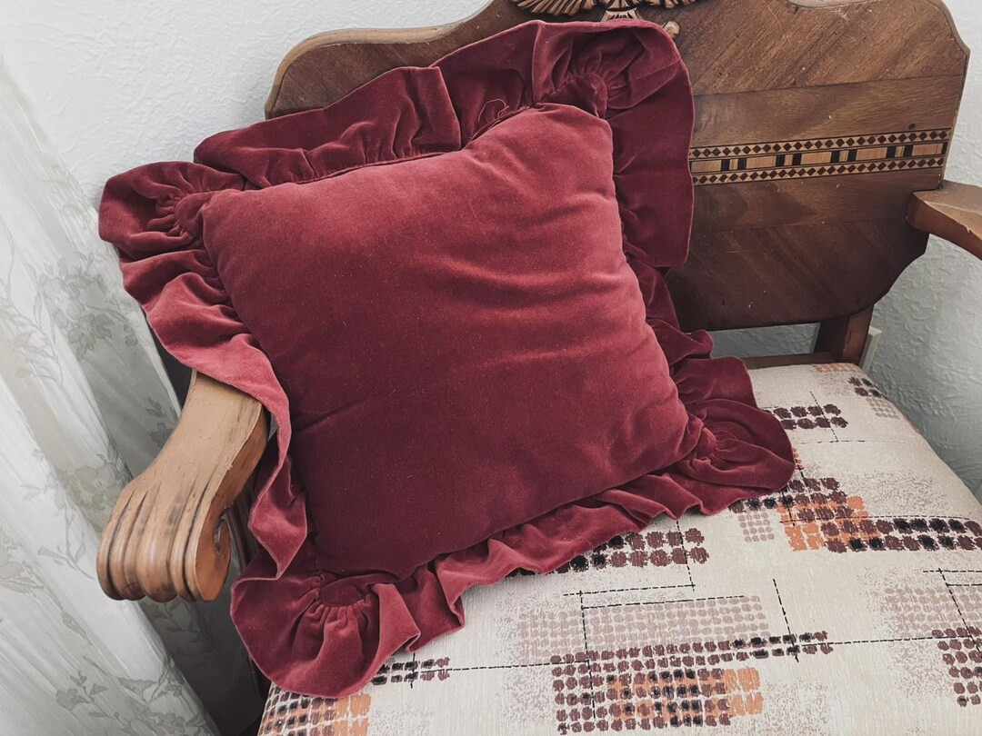 Vintage 1970's Cranberry Red Velvet Accent Pillow 13" W/ 2.5" Ruffle Boho Hippie Mod Grandmilleni... | Etsy (US)
