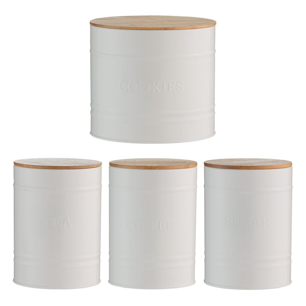 Typhoon Essentials 4-Piece White Carbon Steel Canister Set with Bamboo Lids | The Home Depot