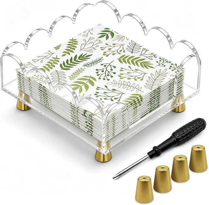 Scalloped Clear Acrylic Napkin Holder with Gold Metal Feet - Fits Standard 6.5x6.5 Inch Luncheon/... | Amazon (US)