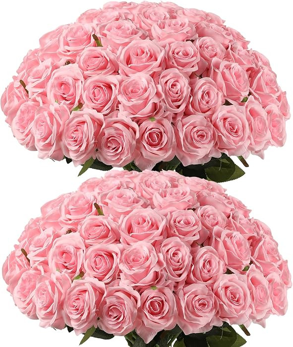 Kisflower 60 Pcs Pink Roses Artificial Flowers Bulk, Silk Roses with Stems Realistic Roses Artifi... | Amazon (US)