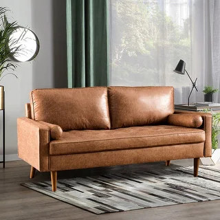 VIATOL Mid-Century Top-Grain SUEDE Leather Deep Seat Sofa With Cushions Wood Legs - Camel | Bed Bath & Beyond