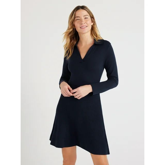 Free Assembly Women’s Fit & Flare Mini Polo Sweater Dress with Long Sleeves, Sizes XS-XXXL | Walmart (US)