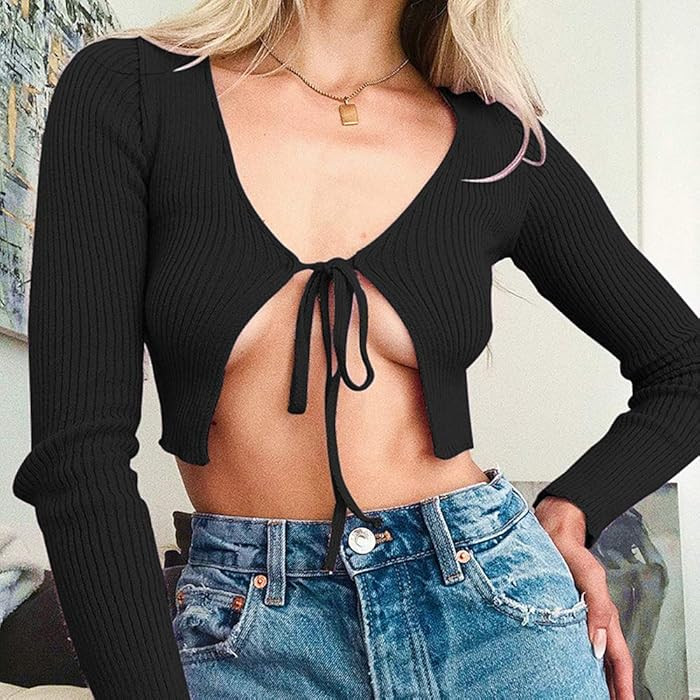 xxxiticat Women's Front Tie Up Crop Top Shirt Long Sleeve Lace Up Knitted Open Cardigan V Neck Boler | Amazon (US)