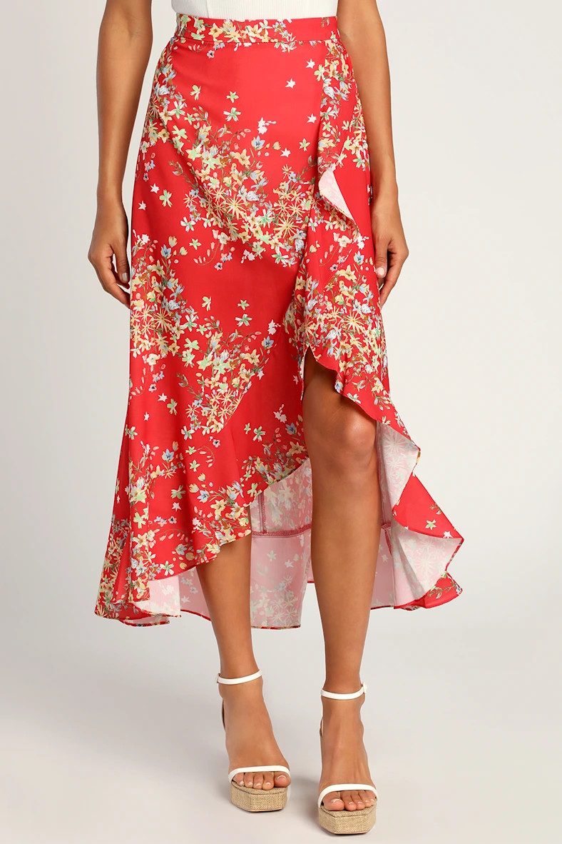 Romance Is Blooming Red Floral Print Ruffled Midi Skirt | Lulus (US)