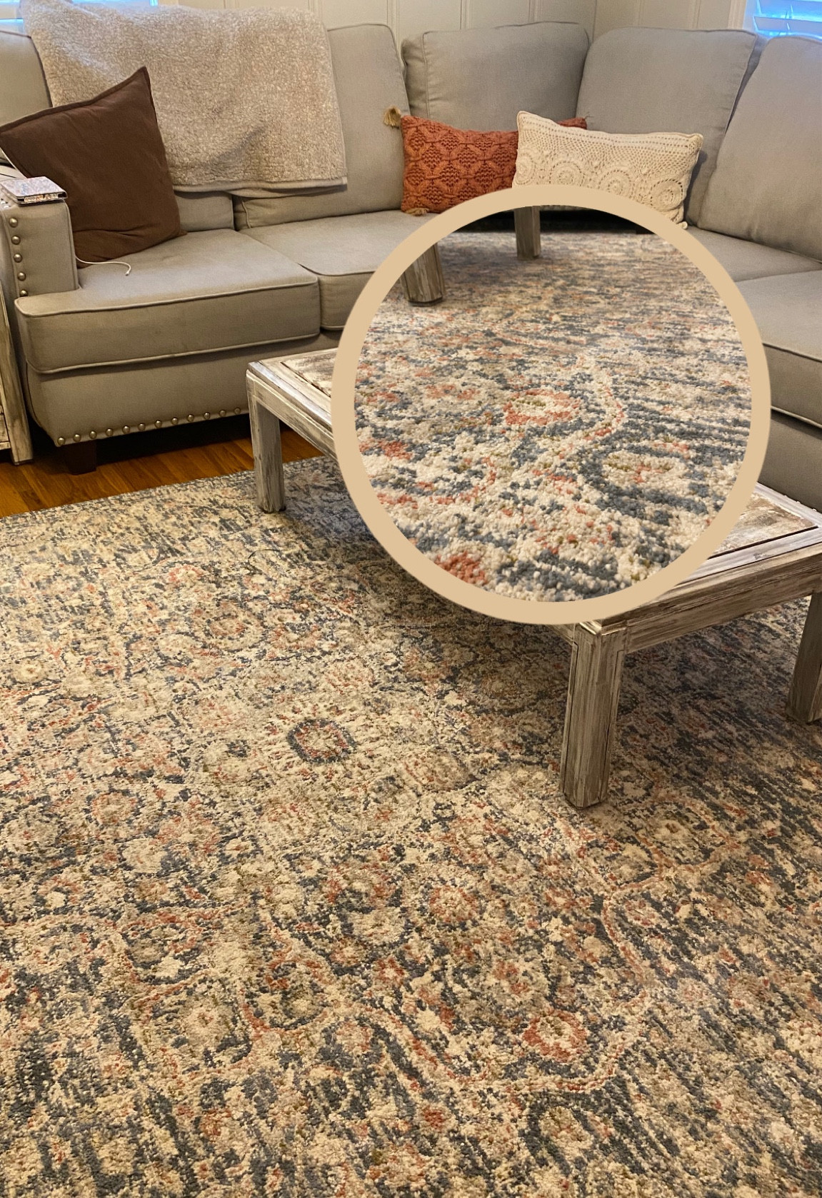 I love our living room rug!! It has hints of blue, green, orange, cream, and brown to bring some color to our space! 

#LTKhome