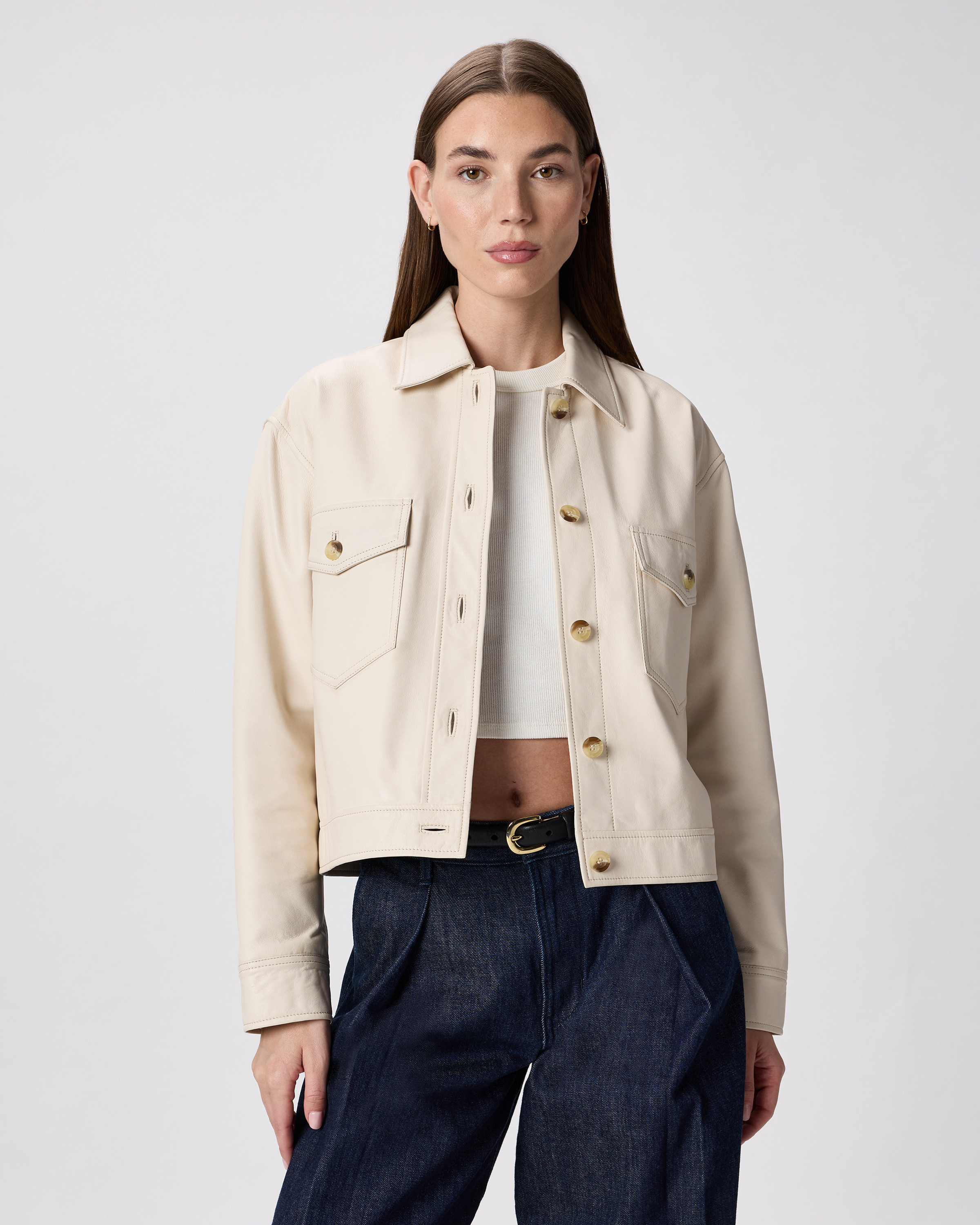 Quince | Women's Cropped Jacket in Birch White, Size Large, Leather | Quince