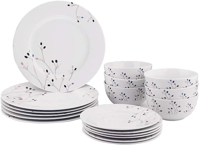 AmazonBasics 18-Piece Kitchen Dinnerware Set, Plates, Dishes, Bowls, Service for 6, Branches | Amazon (US)