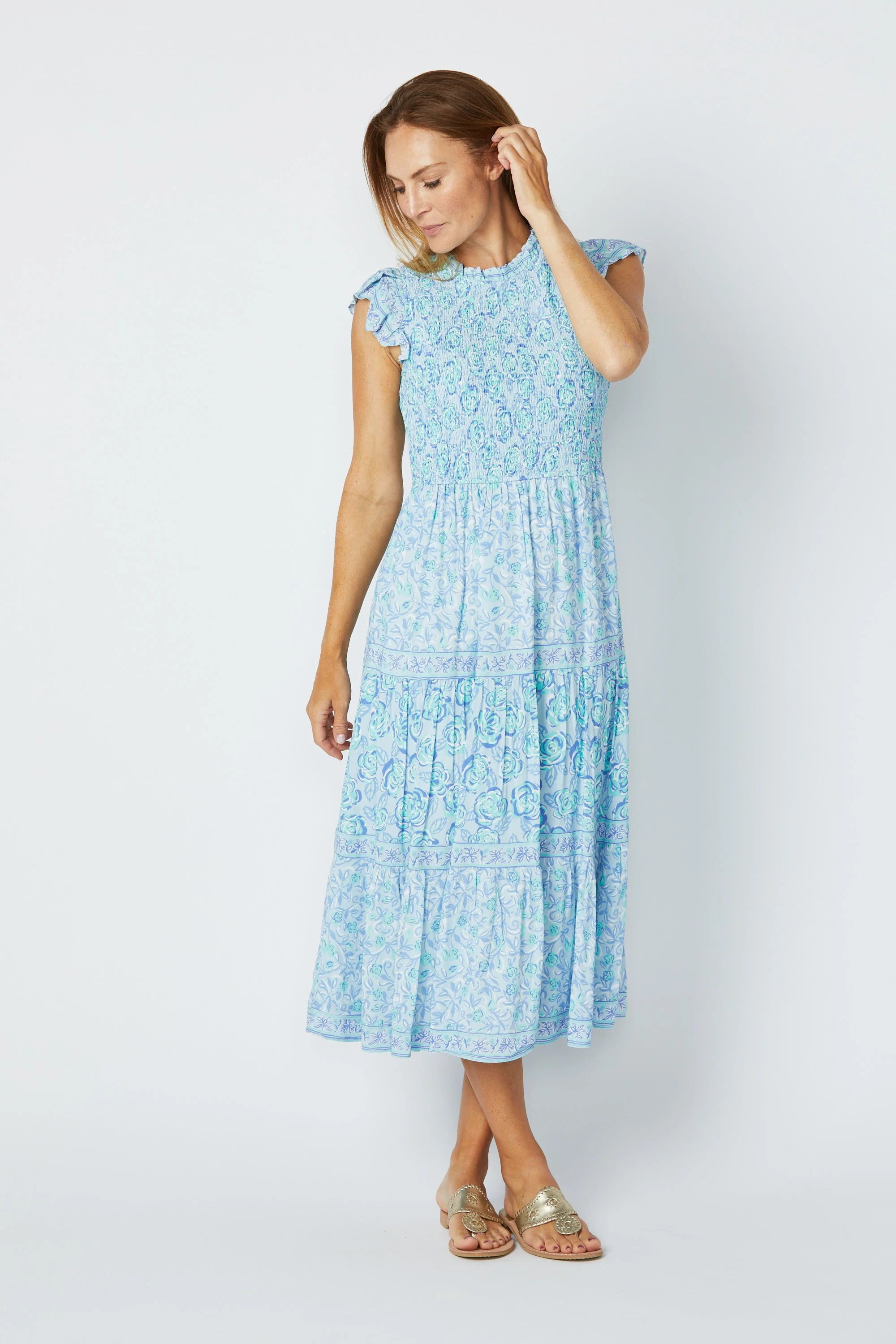Blue Multi Smocked High Neck Midi Dress | Sail to Sable