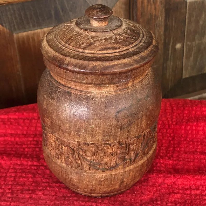 Carved Floral Design Wooden Jar with Lid Hand Crafted Folk Art Made in India | Etsy (US)