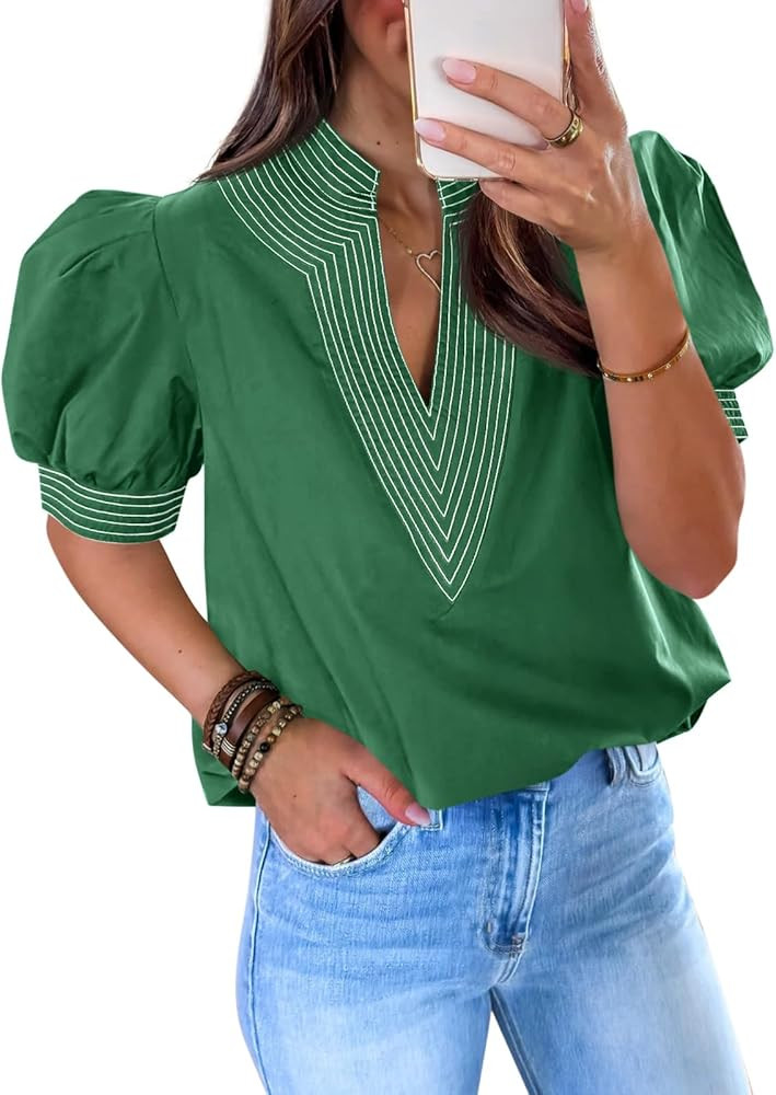 Cicy Bell Womens Puff Short Sleeve Blouses Summer Casual Dressy V Neck Contrast Stitch Tops Loose... | Amazon (US)