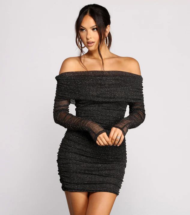 Shimmer Nights Off the Shoulder Glitter Mini Dress | Windsor Stores