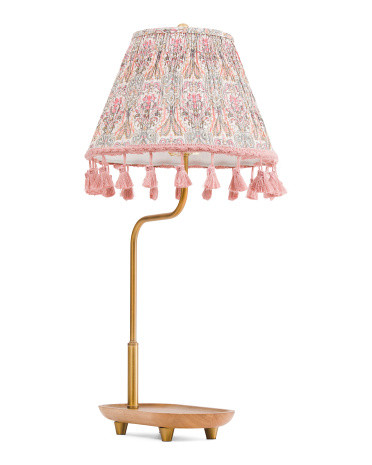 25.5in Metal And Wood Table Lamp With Pleated Printed Shade | TJ Maxx