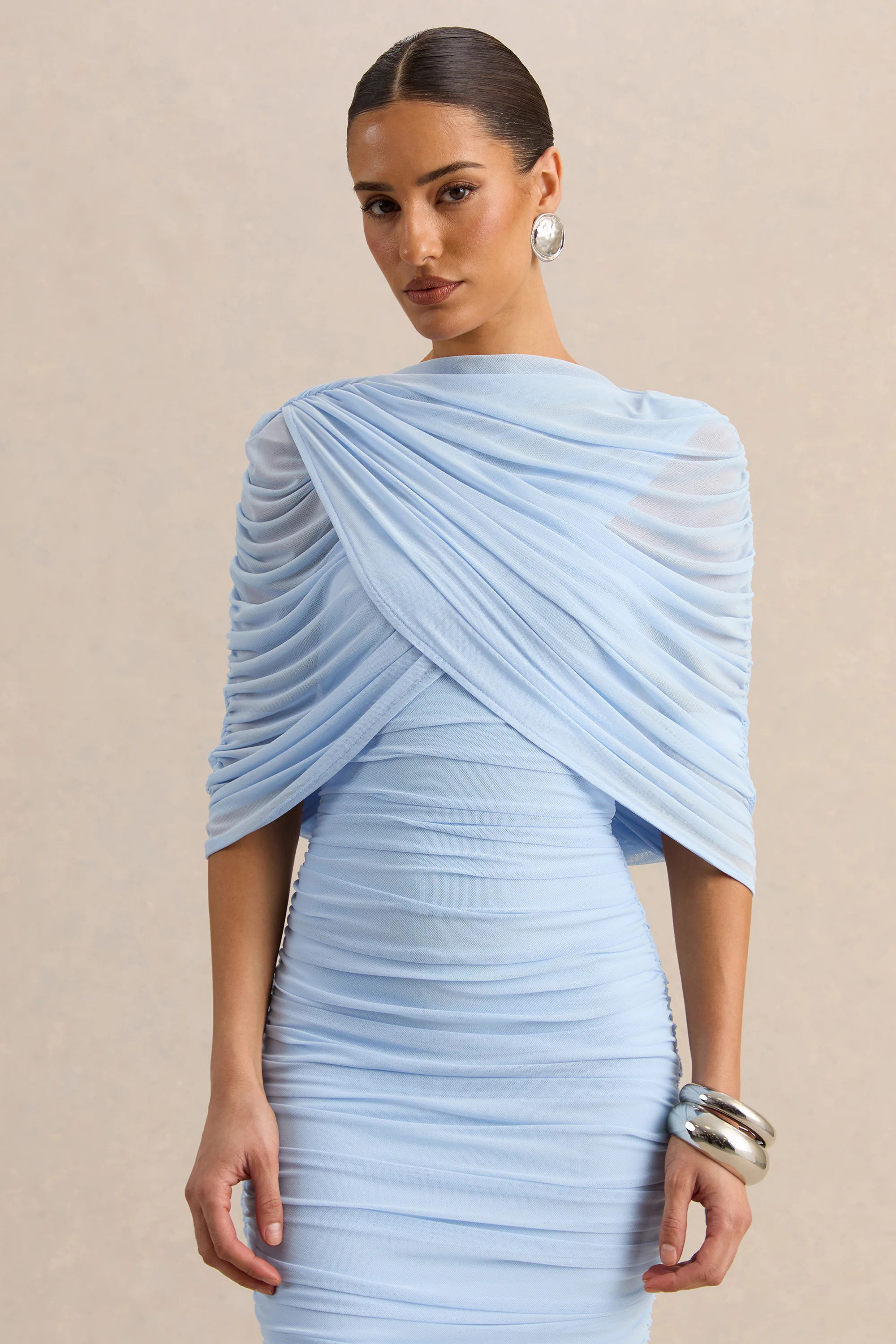 Magoria | Powder Blue Mesh Round-Neck Cape | Club L London