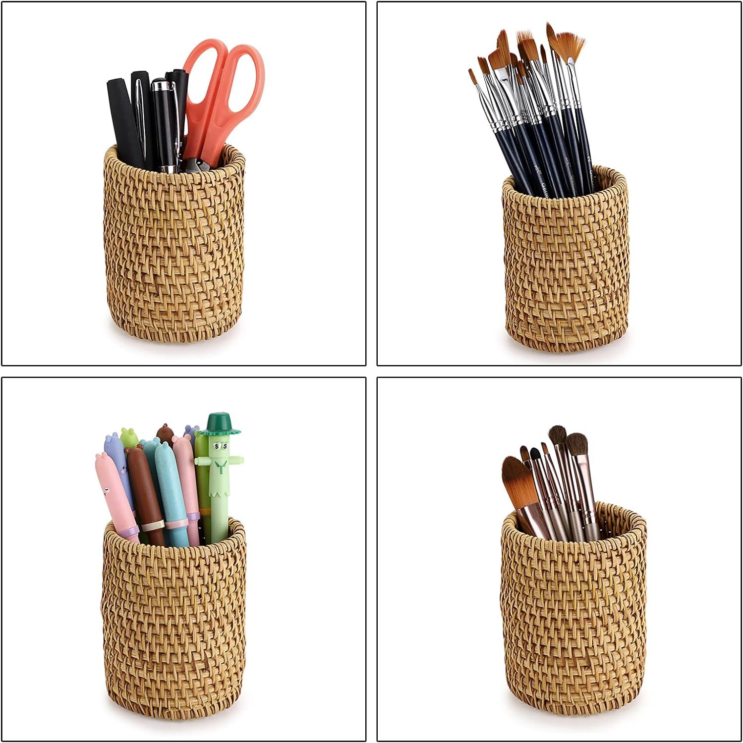 BTSKY Rattan Pen Cup, Handmade Desk Pencil Holders Makeup Brush Holder Multi-Functional Woven Bas... | Amazon (US)