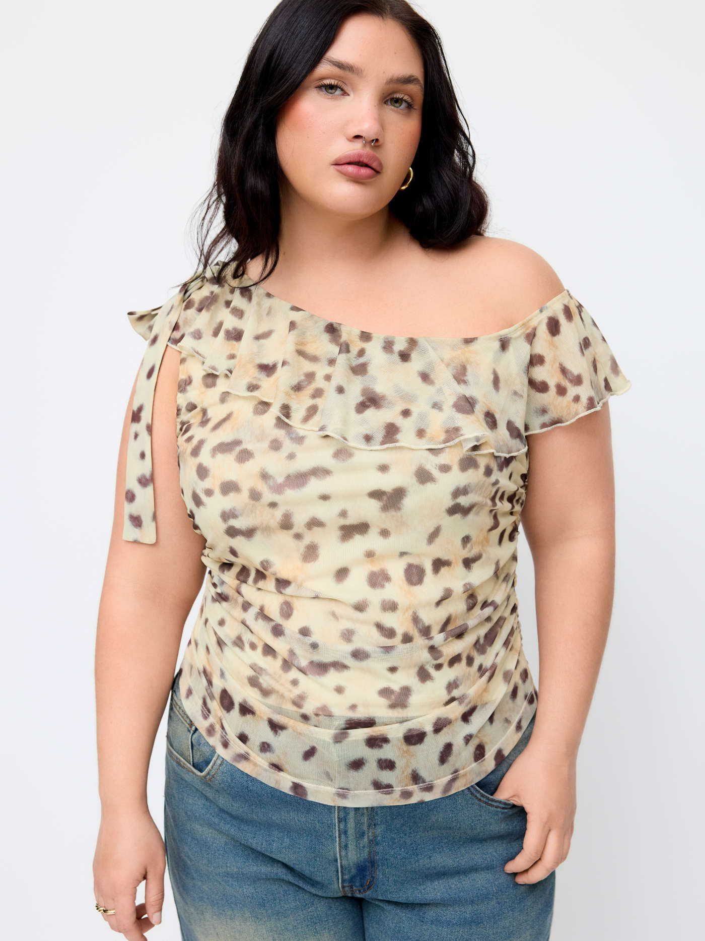 Chiffon Mesh Leopard Asymmetrical Neck Bowknot Ruffle Blouse Curve & Plus For Music Festival/Live... | Cider