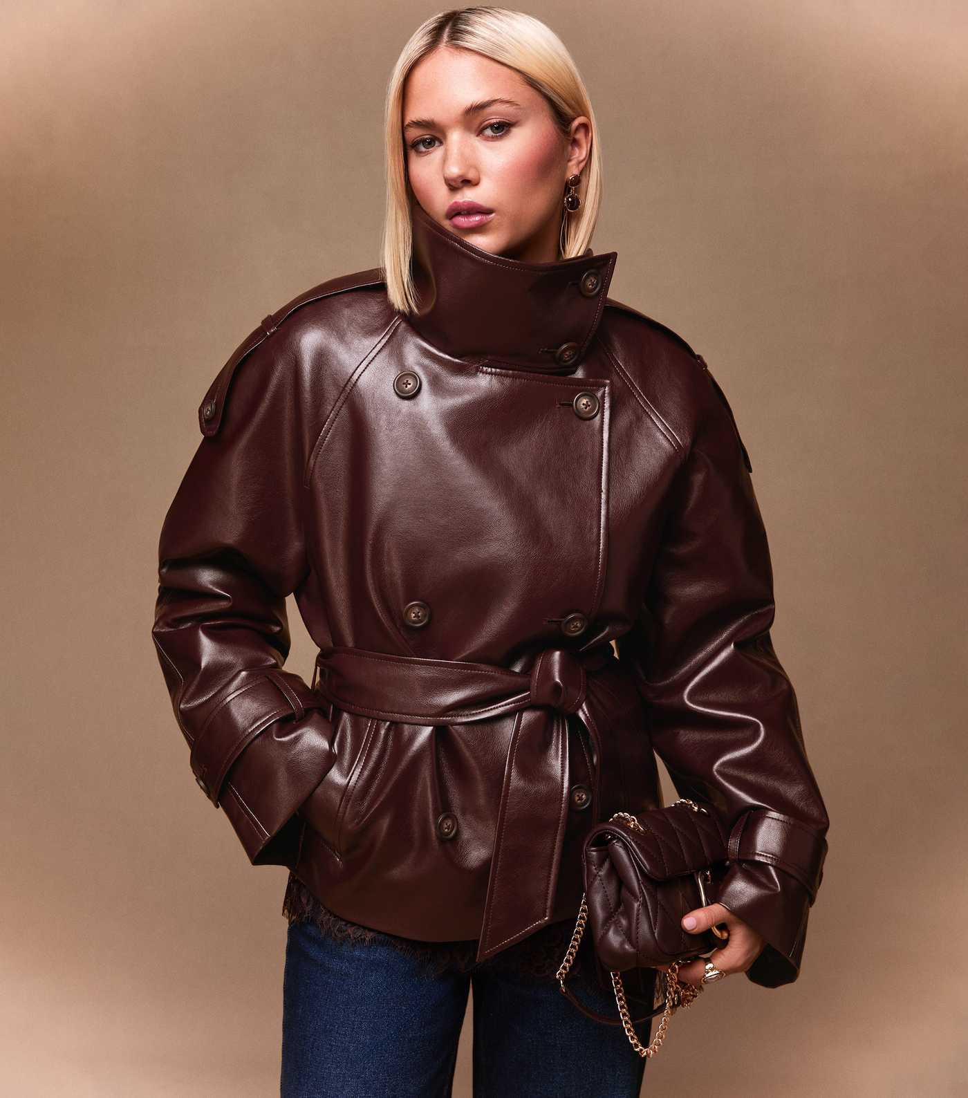 Dark Burgundy Faux Leather Belted Funnel Neck Jacket | New Look | New Look (UK)