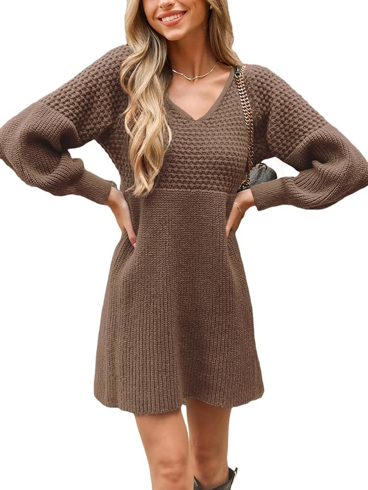 CUPSHE Women's Sweater Dress V Neck Honeycomb Long Sleeve Textured Fall Casual Knit Pullover Dres... | Amazon (US)