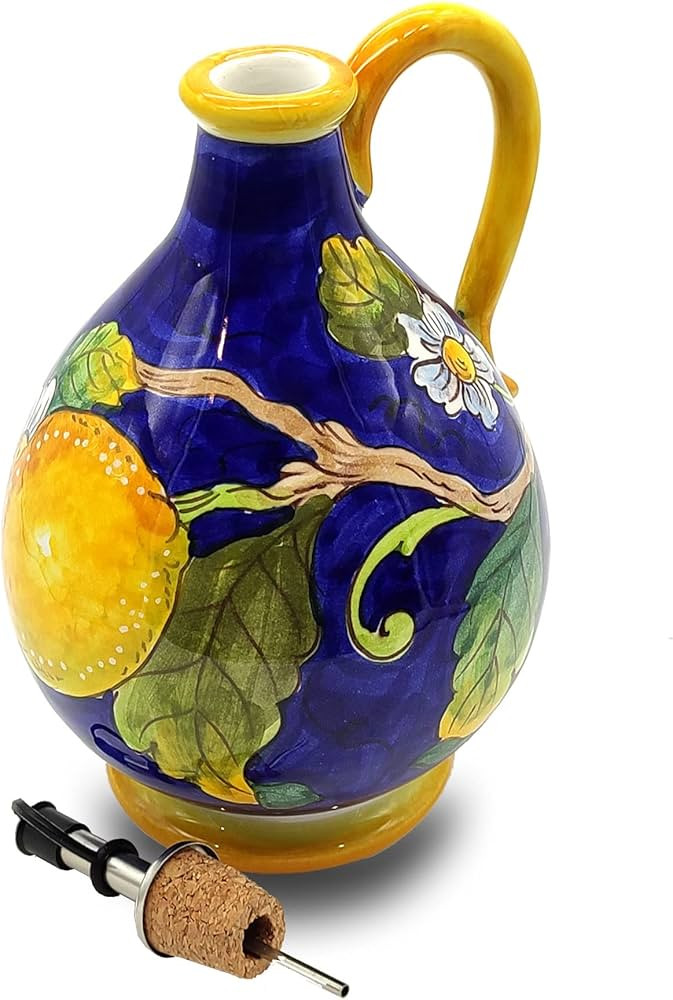 Italian Ceramic Olive Oil Dispenser Bottle for Kitchen 14 Oz, Cooking Cruet Hand Painted With Bru... | Amazon (US)