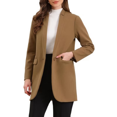 INSPIRE CHIC Women's Notched Stand Collar Long Sleeve One Buttoned Mid-Length Winter Coat Outerwear Small Khaki | Target