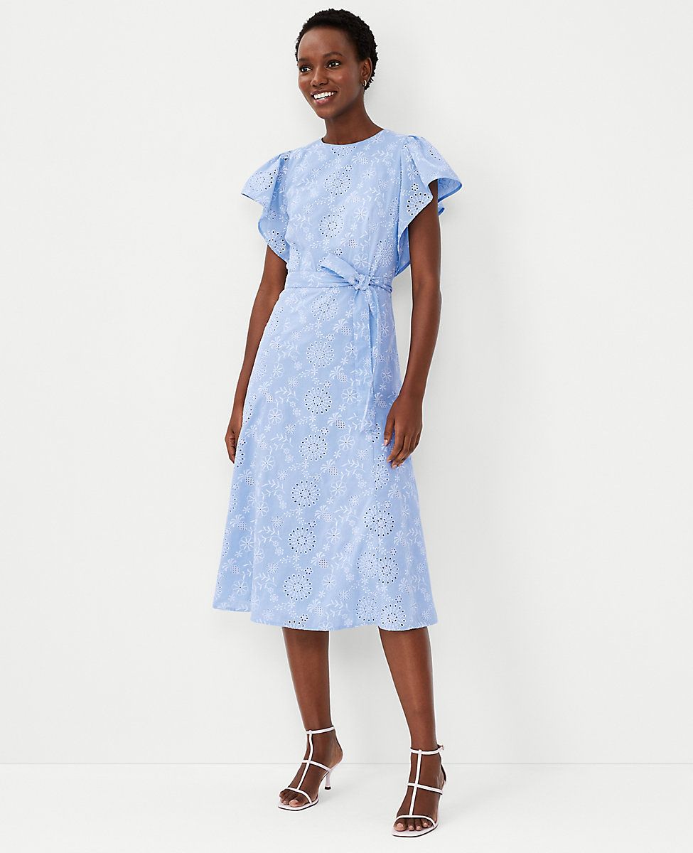 Eyelet Flutter Sleeve Belted Midi Dress | Ann Taylor (US)