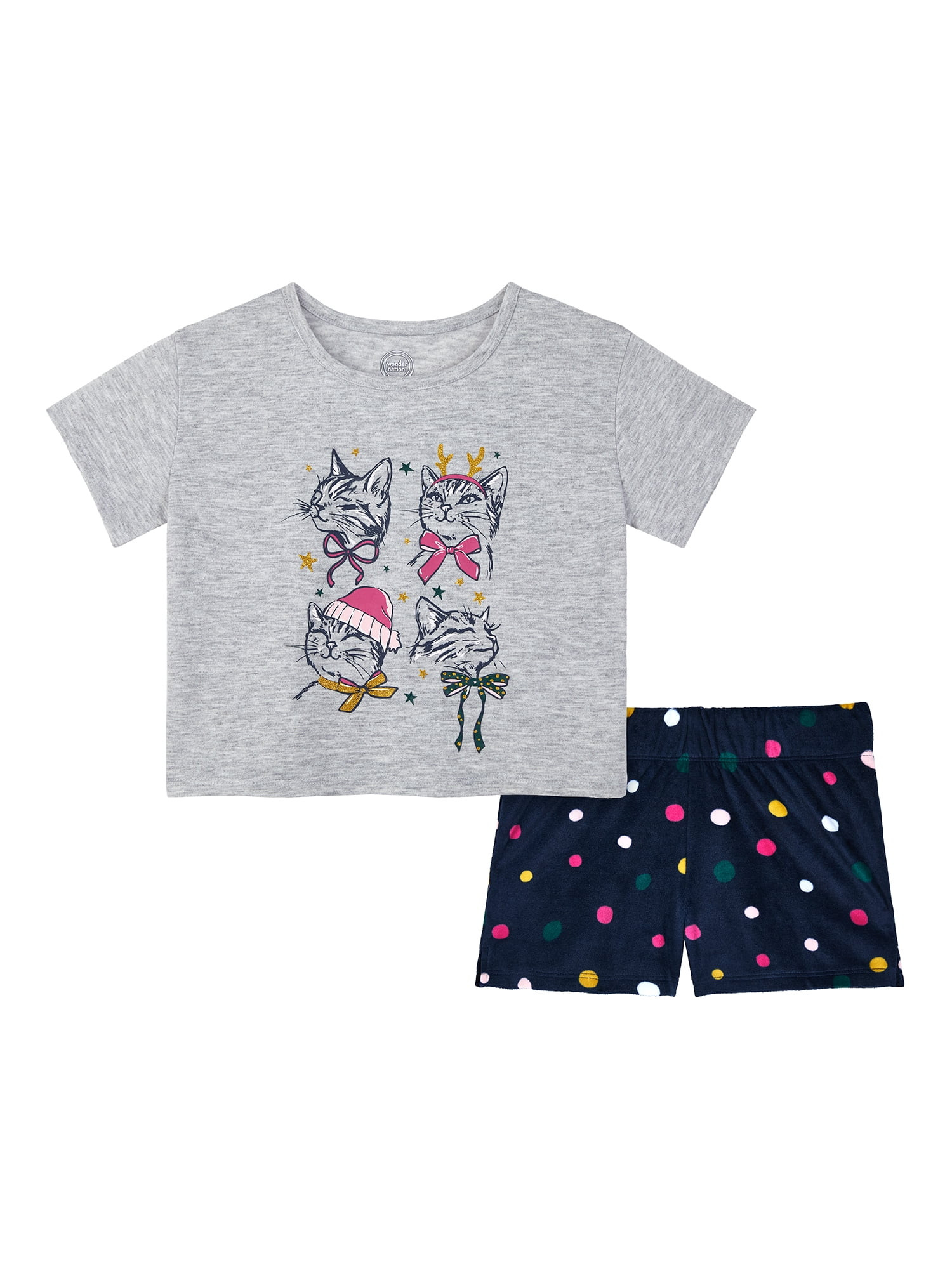 Wonder Nation Girls Short Sleeve Top and Shorts Pajama Set, 2-Piece, Sizes 4-18 & Plus | Walmart (US)