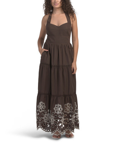 Sleeveless Halter Floral Embroidered Cutwork Maxi Dress For Women, Cotton/Polyester/Rayon | TJ Maxx