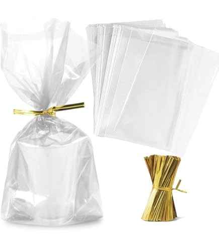 Mini Skater 8" x 12" Clear Treat Bags OPP Cello Cellophane Flat Bag With 50Pcs Gold Color Twist Ties For Wedding Gift Candy Cookie Bakery Bread Dessert, 50Pcs | Amazon (US)