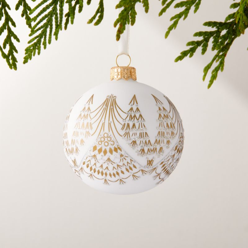 Alencon Round White Hand Painted Christmas Tree Ornament 3.5" | CB2 | CB2