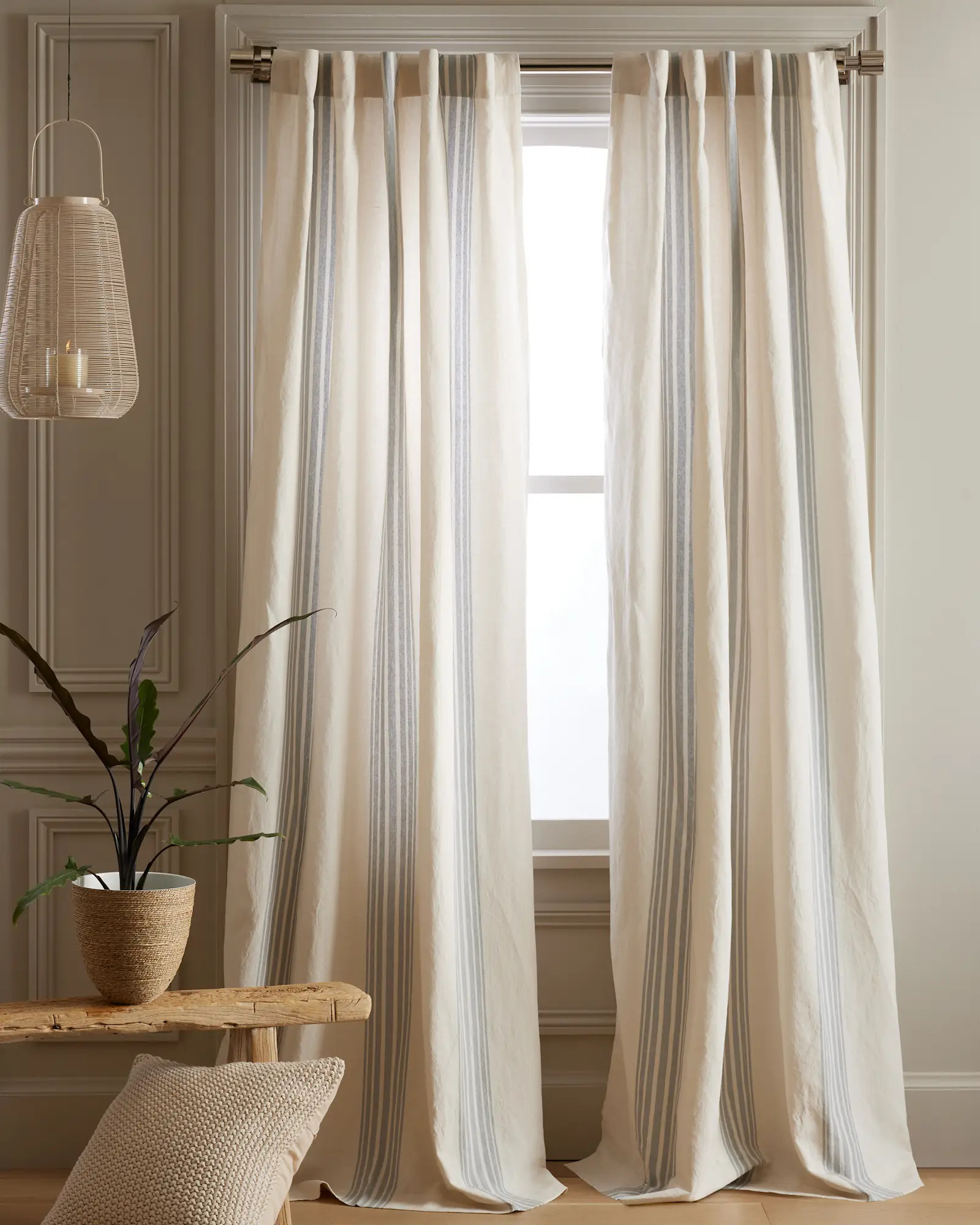 Coastal Stripe Linen/Cotton Curtain in Ivory/Light Blue | Quince