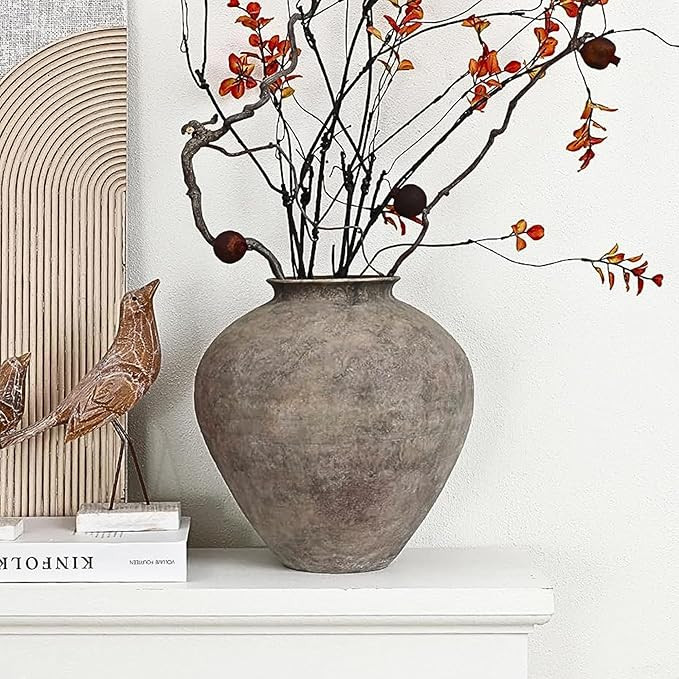 LuxenHome Rustic Ceramic Vase, 12.5" Tall Terracotta Pot with Earthy Gray-Brown Finish, Farmhouse... | Amazon (US)