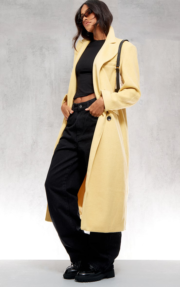 Butter Yellow Shoulder Padded Double Breasted Brushed Faux Wool Coat | PrettyLittleThing US