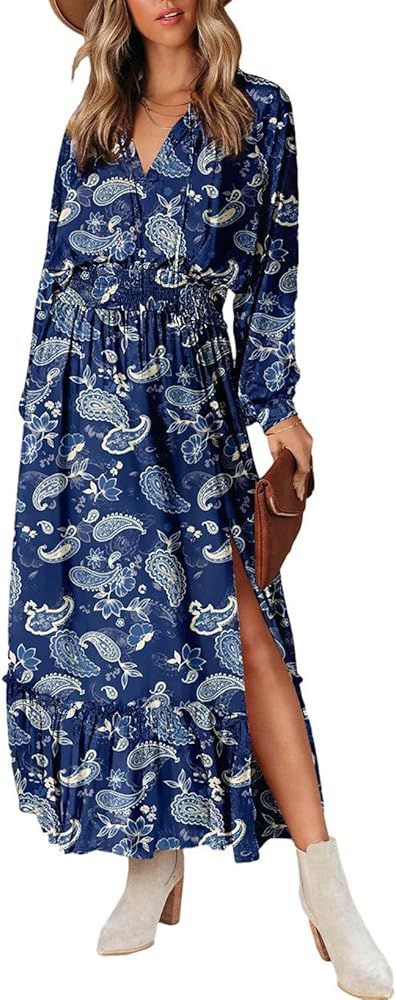 BLENCOT Women's Long Sleeve Wrap V Neck Dress Boho Floral High Waist Flowy Ruffle Split Maxi Dres... | Amazon (US)