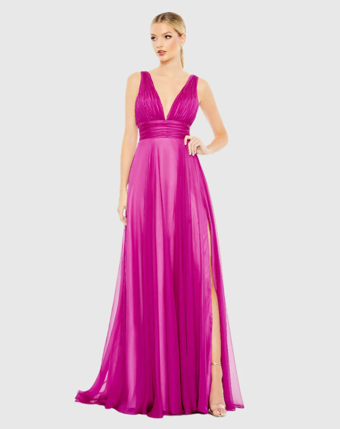 Draped Sleeveless V Neck Flowy Gown | Mac Duggal