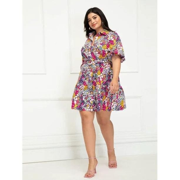 ELOQUII Elements Women's Plus Size Button-Down Dress with Flounce Hem - Walmart.com | Walmart (US)