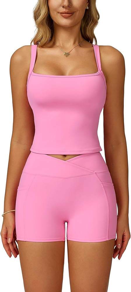 ABOCIW Workout Sets for Women 2 Piece Square Neck Tank Top Crossover Biker Shorts with Pockets Yo... | Amazon (US)