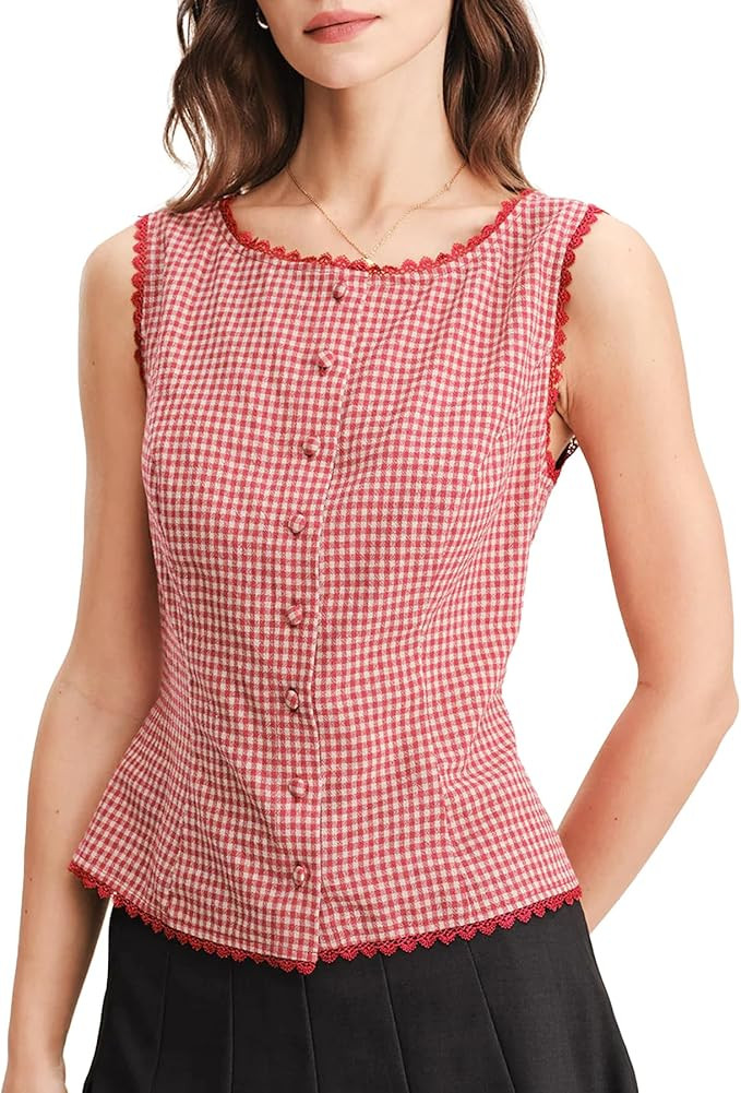 Women Plaid Button Tank Top Summer Y2K Lace Trim Sleeveless Checkered Vest Casual Elegant Suit Bl... | Amazon (US)