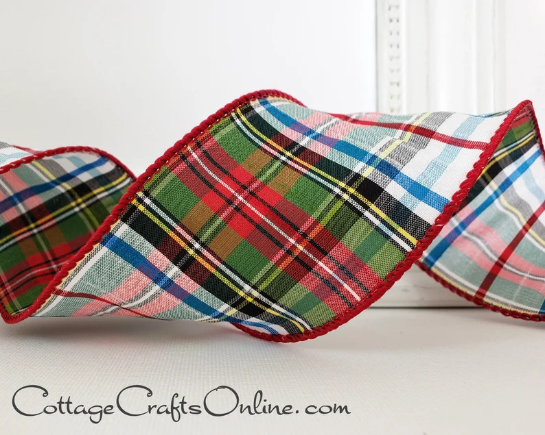 D. Stevens Christmas Wired Ribbon, 2.5, Red Green Blue Faux Dupioni Tartan Stripe Plaid TEN YARD ... | Etsy (US)