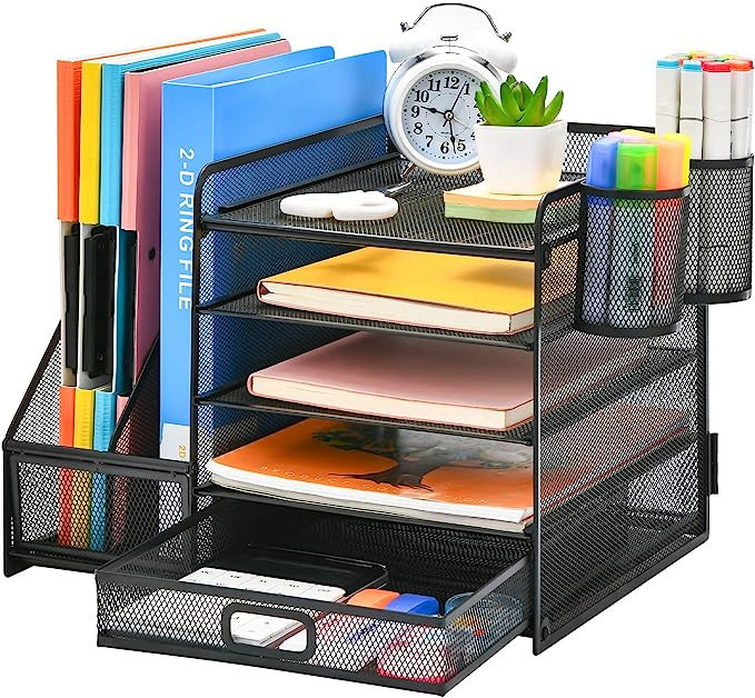 Marbrasse Desk Organizer with File Holder, 5-Tier Paper Letter Tray Organizer with Drawer and 2 P... | Amazon (US)