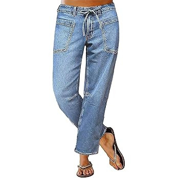 Flamingals Women's Mid Waist Straight Leg Jeans Drawstring Cropped Jeans Women Stretchy | Amazon (US)