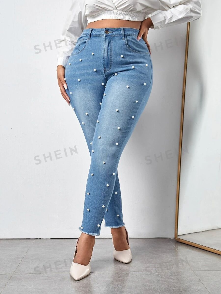 SHEIN SXY Plus High Waist Pearls Beaded Raw Cut Skinny Jeans | SHEIN
