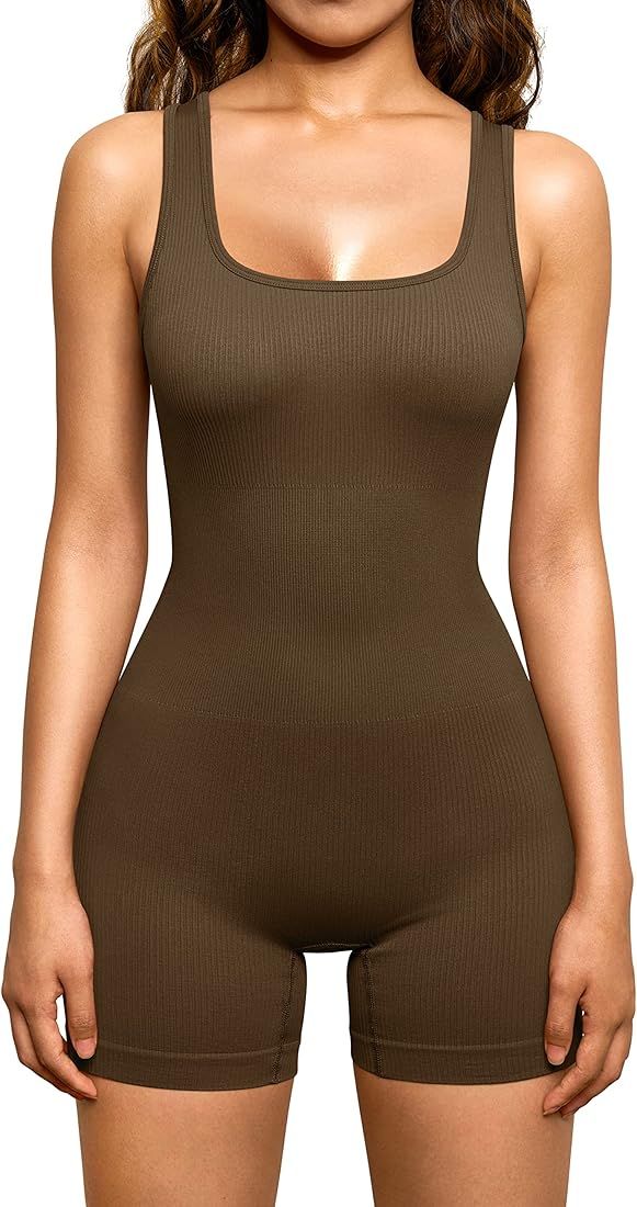 OQQ Women's Yoga Rompers One Piece Ribbed Square Neck Exercise Tank Tops Romper | Amazon (US)