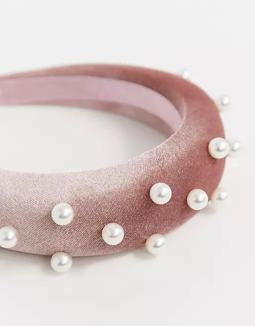ASOS DESIGN padded headband in pink velvet with pearl embellishment | ASOS (Global)