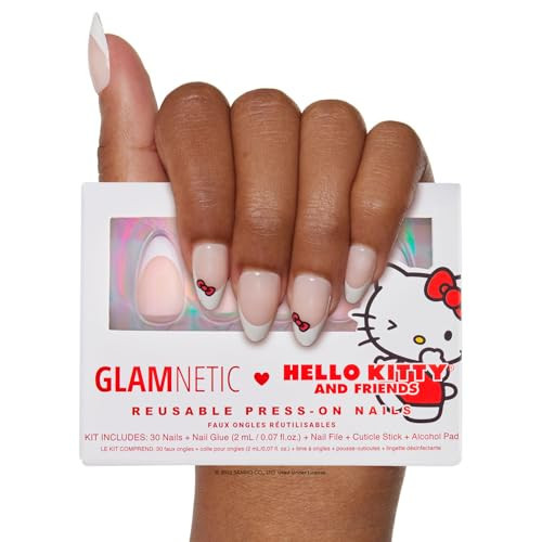 Glamnetic x Hello Kitty® and Friends Press On Nails - Hello Kitty® White | Classic French Tip Short Almond Bow Graphic Nails in a Glossy Finish | 15 Sizes - 30 Nail Kit with Glue | Amazon (US)
