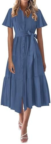 KIRUNDO Summer Button Down Wedding Guest Shirt Dresses for Women Maxi Flutter Short Sleeve Flowy ... | Amazon (US)