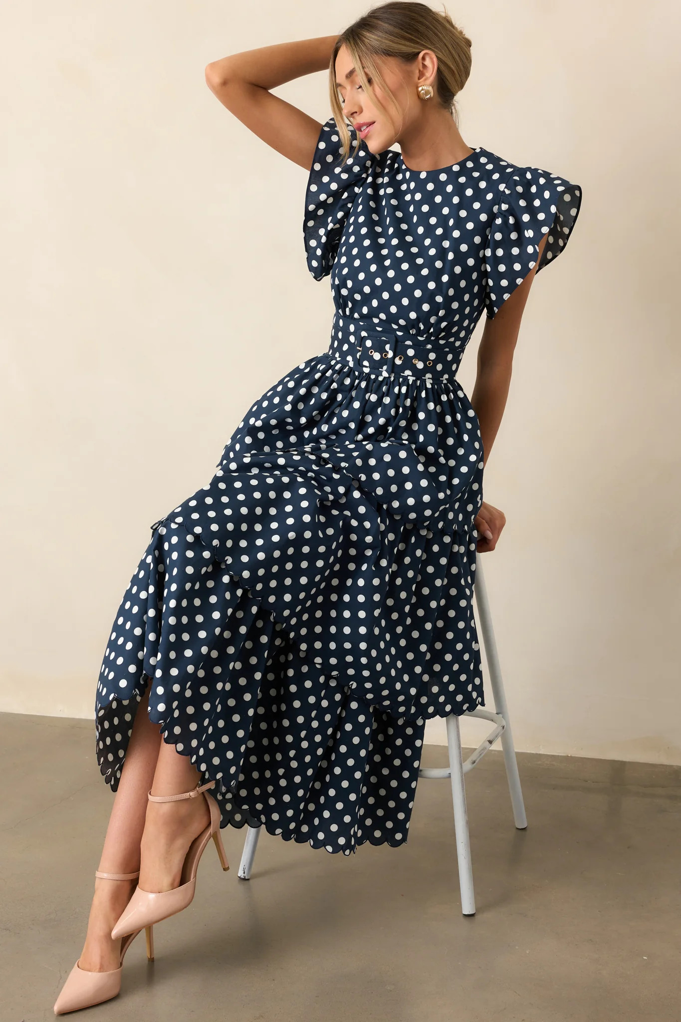 Prosperina Chelsea Navy Polka Dot Cotton Maxi Dress | Red Dress
