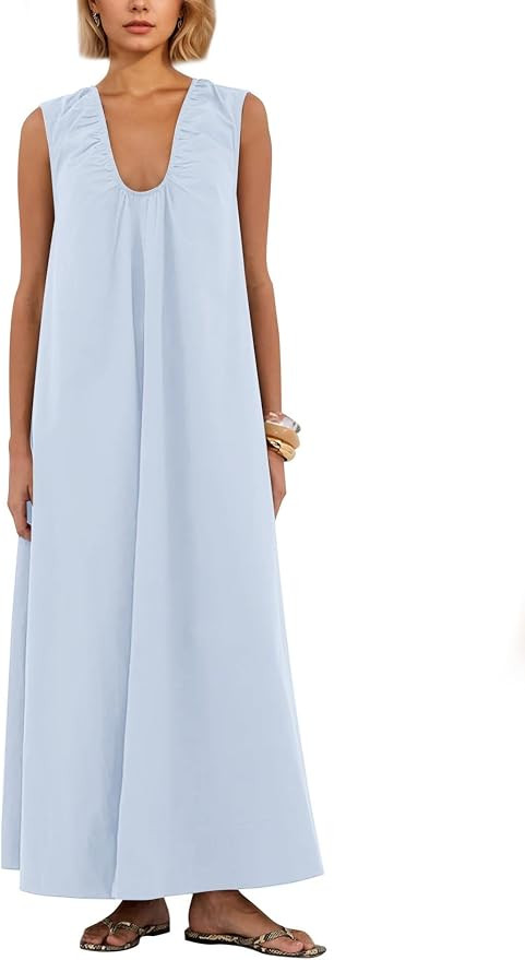utcoco Womens Sleeveless Tank Babydoll Maxi Dress Casual Scoop Neck Pleated A Line Dress with Poc... | Amazon (US)