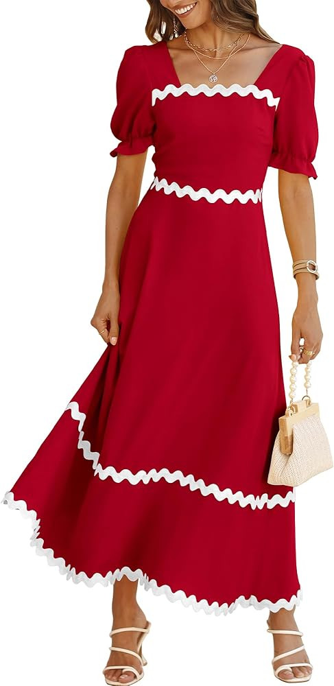 BTFBM Women's 2024 Summer Square Neck Short Puff Sleeve Dress Casual RIC Rac Tie Back Smocked A L... | Amazon (US)
