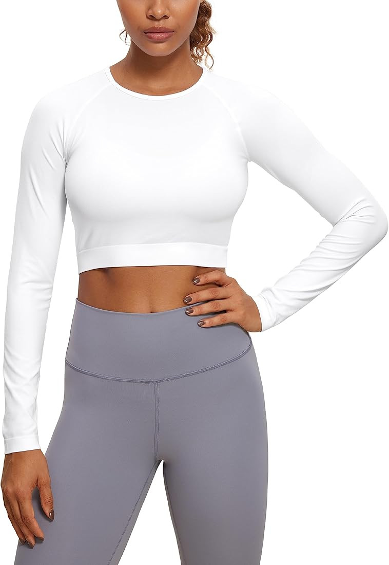CRZ YOGA Seamless Long Sleeve Shirts for Women Ribbed Workout Tops Athletic Crop Tops Cropped Run... | Amazon (US)