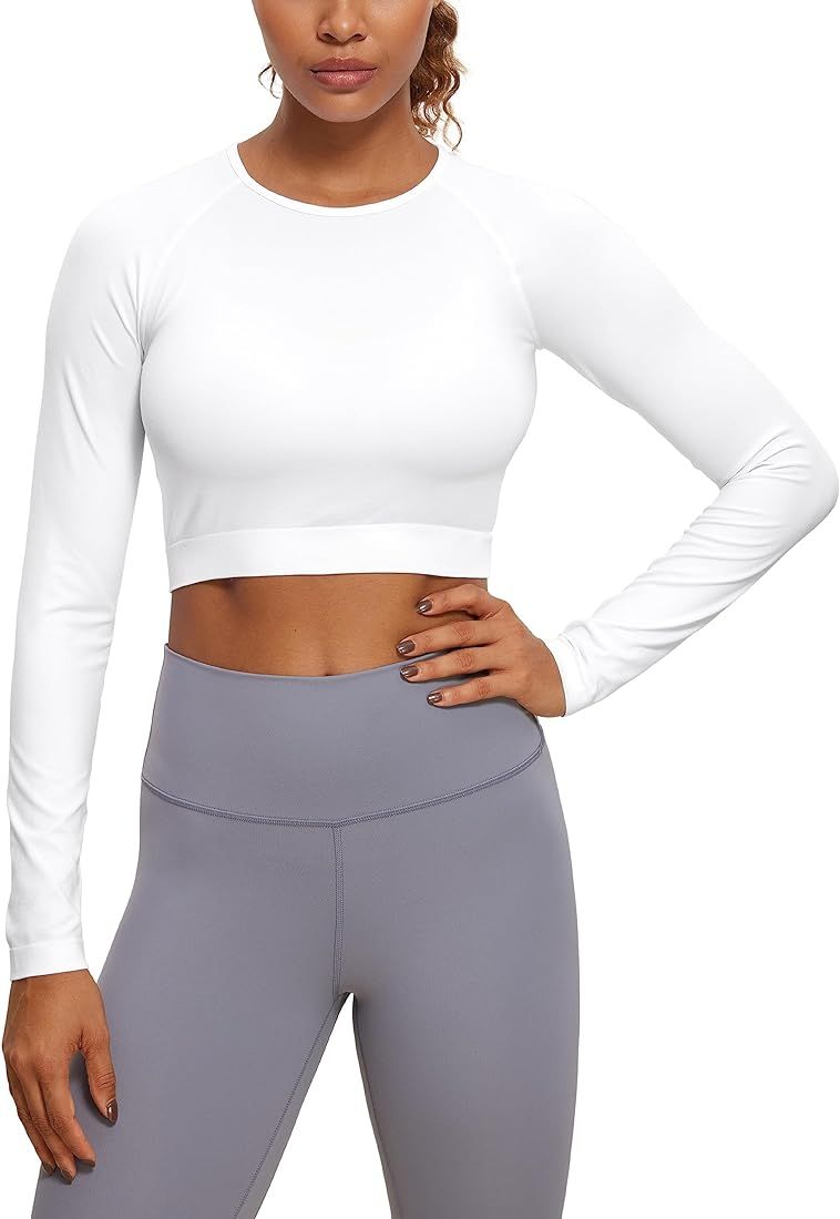 CRZ YOGA Seamless Long Sleeve Shirts for Women Ribbed Workout Tops Athletic Crop Tops Cropped Run... | Amazon (US)