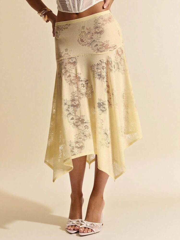 SHEIN BAE Apricot Asymmetric Hem Low Waist Lace Mermaid Skirt, Elegant Apricot Skirt Suitable For Parties, Cocktail Events, Birthday Dresses, Bridesmaid Dresses, Wedding Guest Attire, Spring/Summer | SHEIN